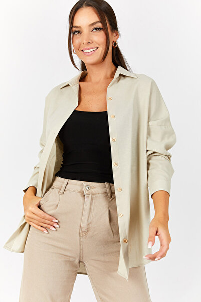 armonika Dámská béžová oversize dlouhá základní košile ARM-22Y001118