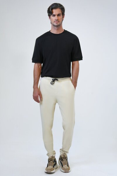 Back And Bond Beige Waist Lace-up Cotton Regular Fit Jogger Pants