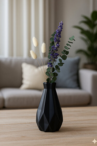 TACTIC Siyah Geometrik Taş Vazo 17 cm - Dekoratif Şık Masa Üstü Çiçeklik