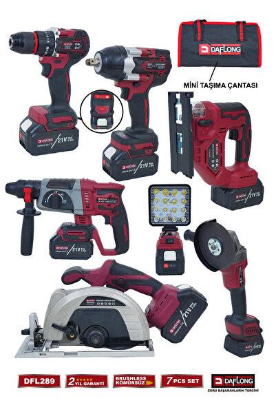 DAFLONG PRO 7'Lİ SET 1300NM SOMUN+185MM SUNTA KESME+DEKUPAJ+6 KADEME DEVİR AYARLI TAŞLAMA DFL-289