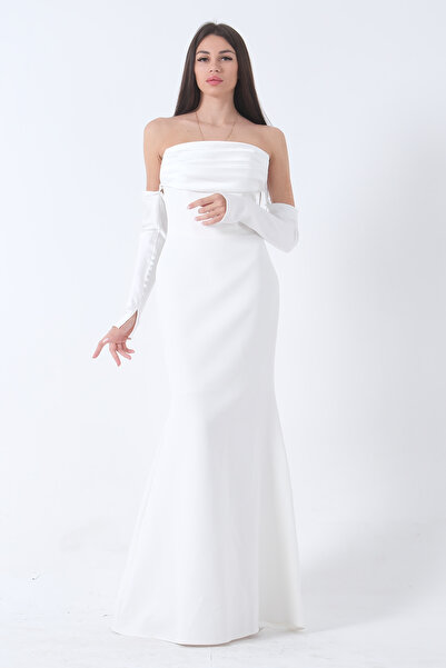 Feminist Drapeli Düğme Detaylı Uzun Abiye Beyaz 9705361