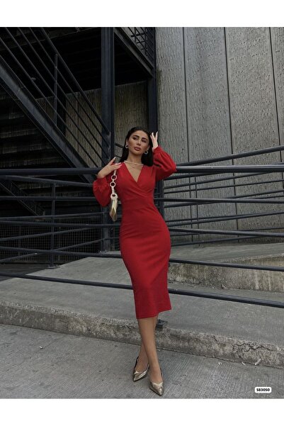 JANES Yeni Sezon Kadın Kruvaze Yaka Uzun Balon Kol Simli Midi Şık Kalem Elbise