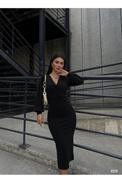 JANES Yeni Sezon Kadın Kruvaze Yaka Uzun Balon Kol Simli Midi Şık Kalem Elbise