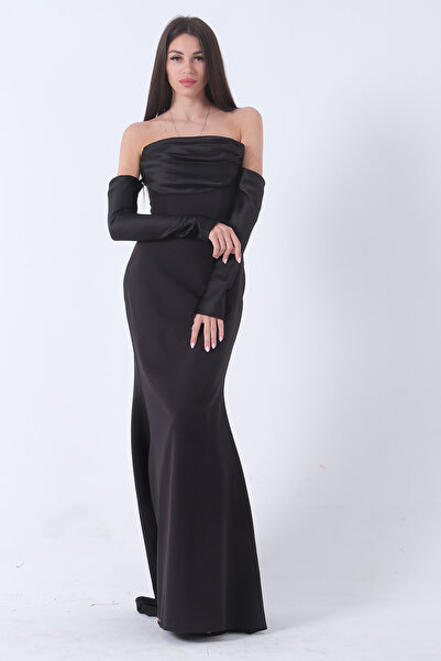 Feminist Drapeli Düğme Detaylı Uzun Abiye Siyah 9705361