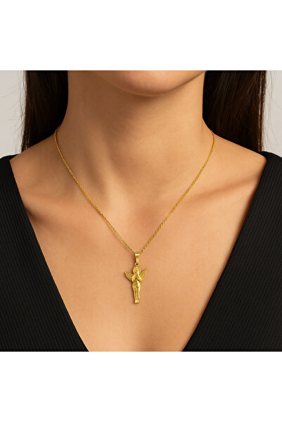 AİCHA JEWELLERY GÜMÜŞ KOLYE 925 AYAR ZİNCİRLİ ALTIN KAPLAMA PRAYING ANGLE EL YAPIMI
