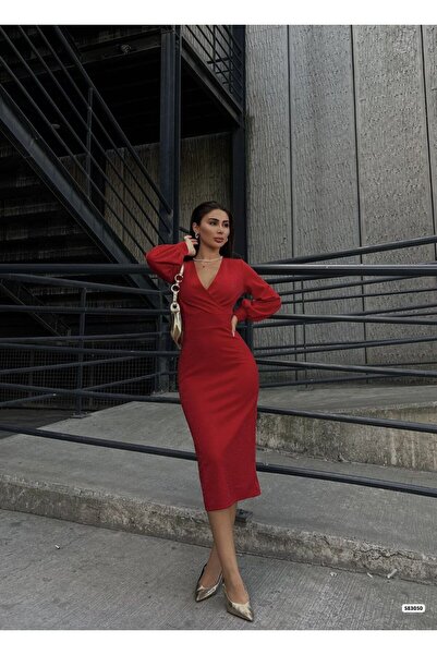 JANES Yeni Sezon Kadın Kruvaze Yaka Uzun Balon Kol Simli Midi Şık Kalem Elbise