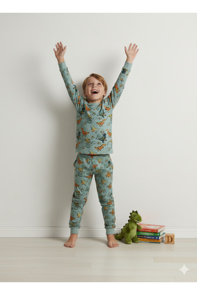 MADALİNA Erkek Çocuk %100 Pamuklu Garson Boy Yeşil Dinazor Desenli Pijama Takımı