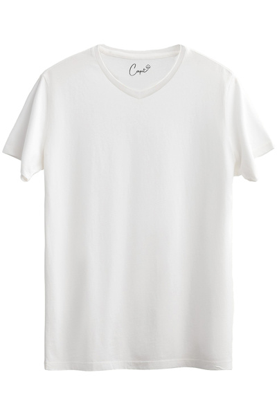 Çapıt %100 Pamuklu V Yaka Standart Kesim Beyaz Basic Tişört