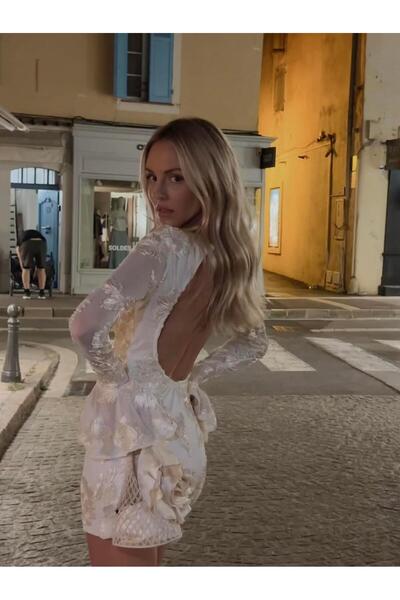 theanemos Ekru Çiçek İşlemeli Mini Elbise