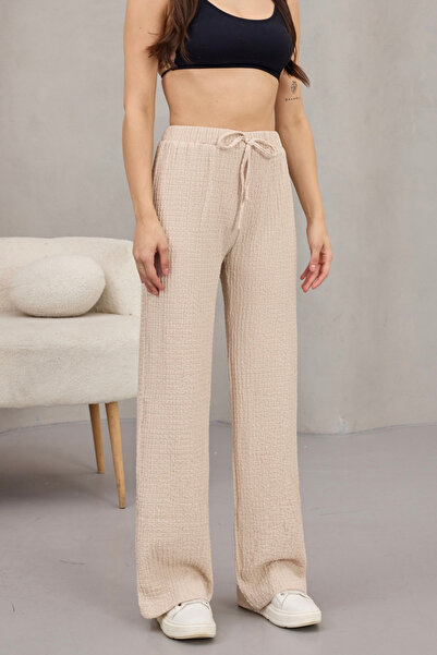 alanora Women's High Waist Wrinkle Detailed Seersucker Fabric Full Lycra Trousers