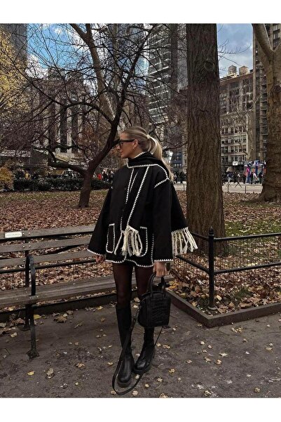 theanemos Beyaz Nakışlı Atkı Detaylı Siyah İnce Kaban