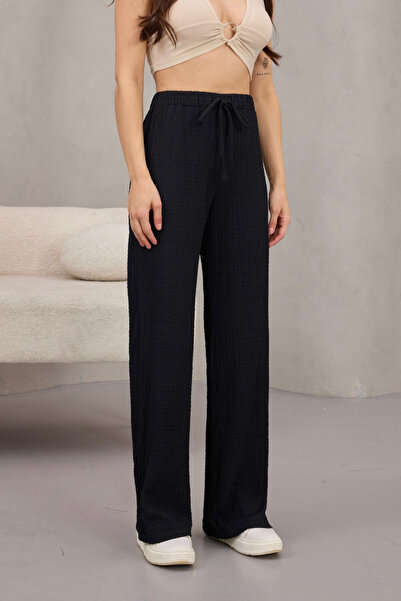 alanora Women's High Waist Wrinkle Detailed Seersucker Fabric Full Lycra Trousers