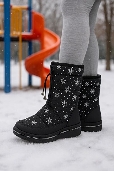 İmerShoes Lepetit Çocuk Kar Botu Kar Desenli Fermuarlı Kürklü Zincirli Kaymaz Taban 35-45