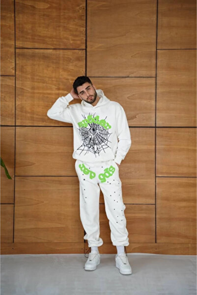 TBL DEKOR Mdb Men's Hooded Tracksuit Set Spider Web and Neon Green Printed Kangaroo Pockets Oversized Stay Comfortable