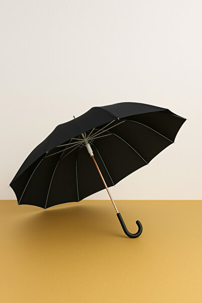 MACERATİ Kaliteli Siyah Kırılmaz Şemsiye Ahşap Sap 12 Telli Umbrella