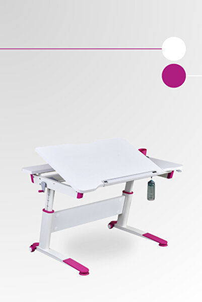 Creo Mobili Sirius Simple Kız Çocuk Çalışma Masası, Eğimli Yükseklik Ayarlı Ders Masası - 120x75 Cm, Beyaz/Fuşya