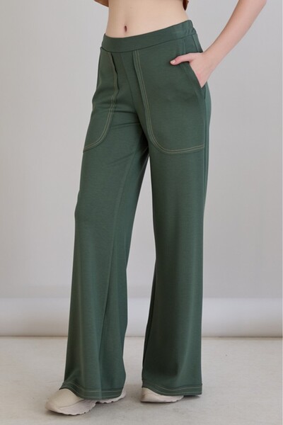 Sortie Kadın Cebi Dikiş Detaylı Geniş Paçalı Yüksek Bel Haki Renk Modal Kumaş...