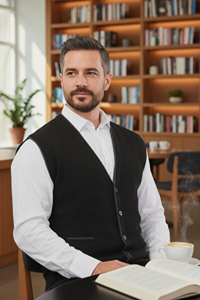 Kamalı Чорний чоловічий светр з V-подібним коміром, ґудзиками, кишенями, смугастим візерунком, прямим кроєм, не пушиться