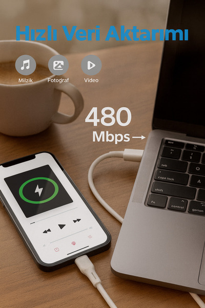 Tech&bello accessories Type-c Lightning Beyaz Hızlı Şarj Data Kablosu 1.2m Ba-01
