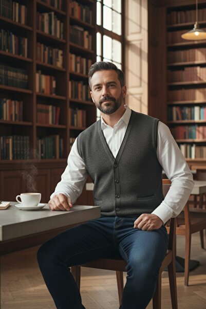 Kamalı Сірий чоловічий трикотажний жилет з V-подібним коміром, кишенями та ґудзиками, регулярним кроєм, не пушиться, в'язаний