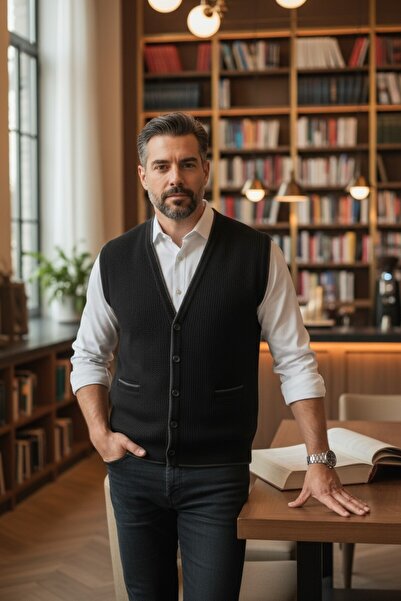 Kamalı Чорний чоловічий светр з V-подібним коміром, ґудзиками, кишенями, смугастим візерунком, прямим кроєм, не пушиться