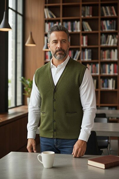 Kamalı Haki Erkek V Yaka Triko Düğmeli Cepli Çizgi Desenli Regular Fit Tüylenmeyen Örgü Yelek
