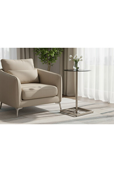 Areka طاولة خدمة فضية، قاعدة من الحديد الفضي، سطح زجاجي أسود