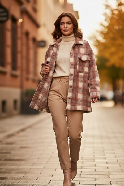 Kübra Tekstil Jachetă cămașă supradimensionat în carouri crem pentru femei – textura moale, jachetă din lână pentru femei