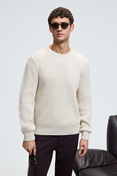 GRIMELANGE Cablin men's round neck regular fit knitwear stone color sweater