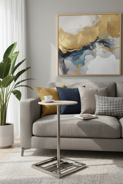 Areka طاولة خدمة فضية، قاعدة من الحديد الفضي، سطح من الجرانيت