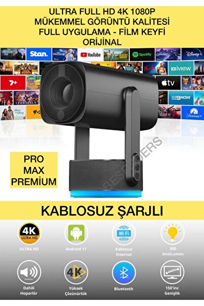 Besenders K2 PROMAX 1080P Kablosuz YeniVersiyon Taşınabilir Projeksiyon Android Wifi Bt Akıllı Sinema