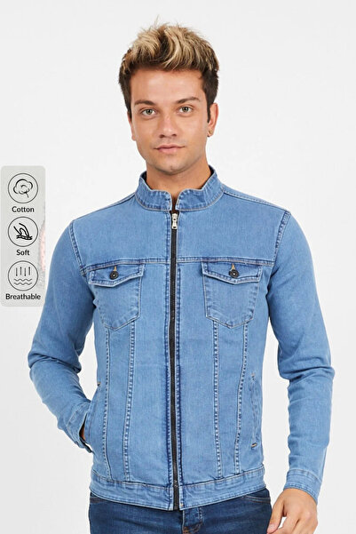 Serseri Erkek Açık Mavi Fermuarlı Slim Fit Kot Ceket