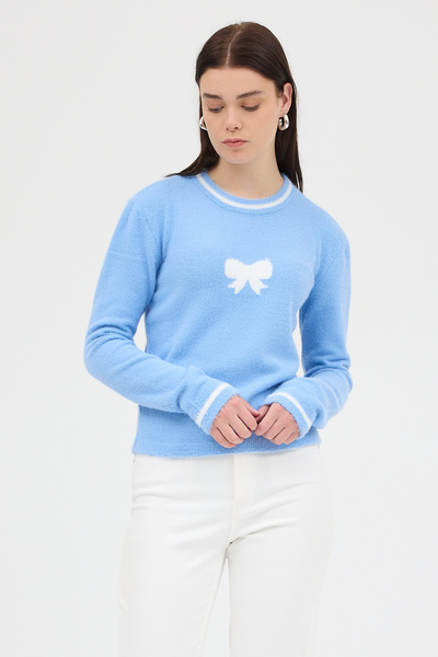 Rays Baby Blue Crew Neck Ribbon Detailed Women's Sweater 2359