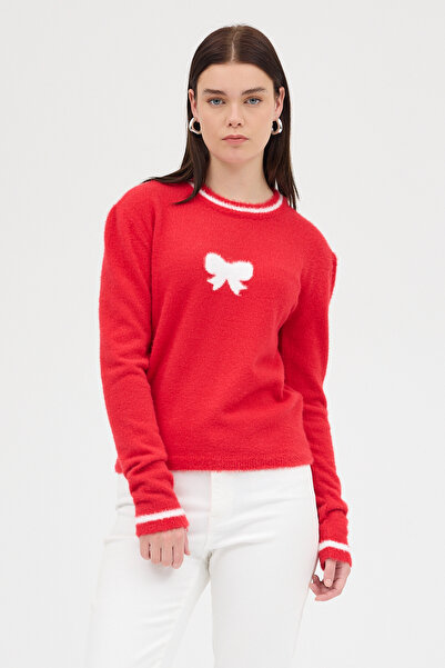 Rays Red Crew Neck Ribbon Detailed Women's Sweater 2359