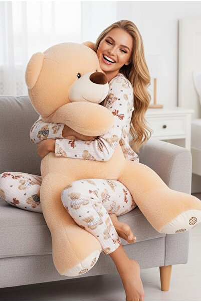 Siyah İnci beyaz ayıcık desenli Yumuşak Tuşe Kışlık Fitilli Pamuklu Örme Pijama Takım 7956