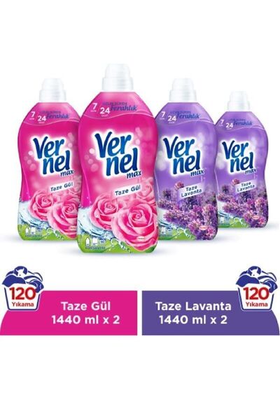 Vernel Max Konsantre Çamaşır Yumuşatıcısı 4 x 1440ml (240 Yıkama) 2 Taze Gül ...