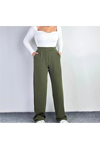 Luvty Kadın Beli Cırt Kapamalı Likralı Bol Paça KIŞLIK Şık Palazzo Pantolon -HAKİ