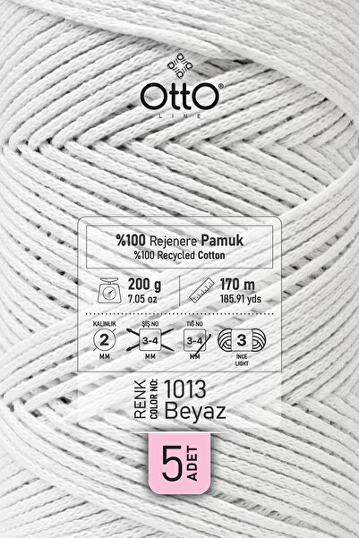 OTTO LİNE İnce Cotton Makrome - Beyaz - 5'li Paket - 2mm/200gr/170m - Pamuklu Makrome, Çanta ve Aksesuar ipi