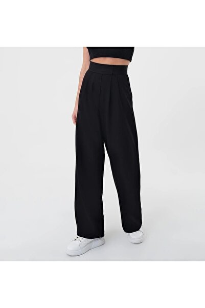 Luvty Kadın Beli Cırt Kapamalı Likralı Bol Paça KIŞLIK Şık Palazzo Pantolon -SİYAH