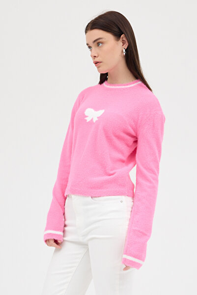 Rays Pink Crew Neck Ribbon Detailed Women's Sweater 2359