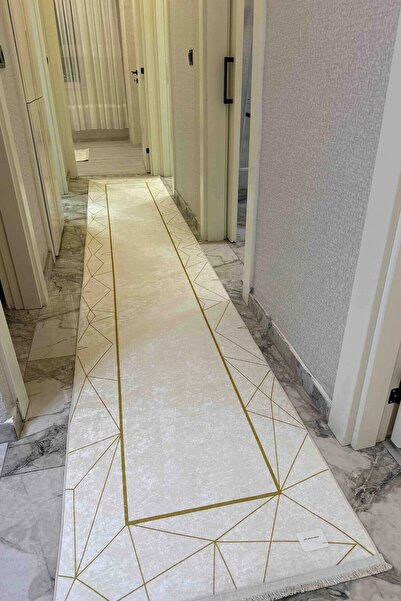 VOPTEKS Modern Dijital Baskı Makinede Yıkanabilir Kaymaz Taban Gold Halı Yoll...