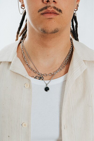 UKHWD SUPPLY İki Zincir Çelik Minimal Madalyon Kolye