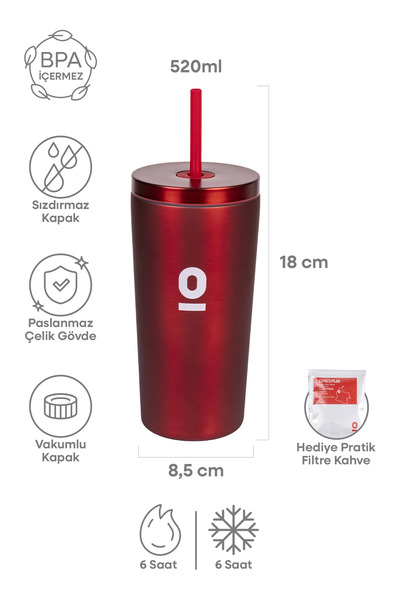 Espressolab Red Metal Stainless Steel Thermos with Straw 520 ml with Lid No:95