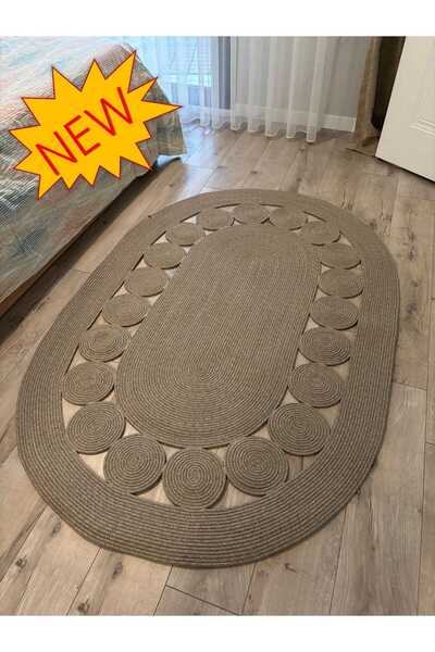 MaVaux Cookie Taş Kırçıllı Jüt Kordon Hasır El Örgüsü Kilim Oturma Odası Antr...