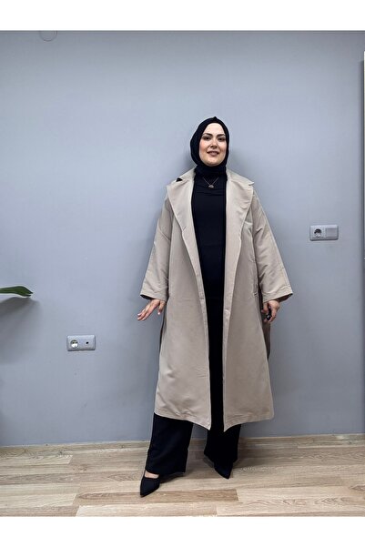 HENZA Kruvaze yaka bağlamalı vizon renkte oversize kuşaklı trençkot