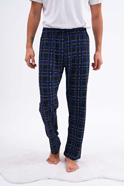 Arvin Pijama Pantaloni de pijama pentru bărbați, din bumbac, cu imprimeu în carouri, fără buzunar, cu talie elastică, albastru