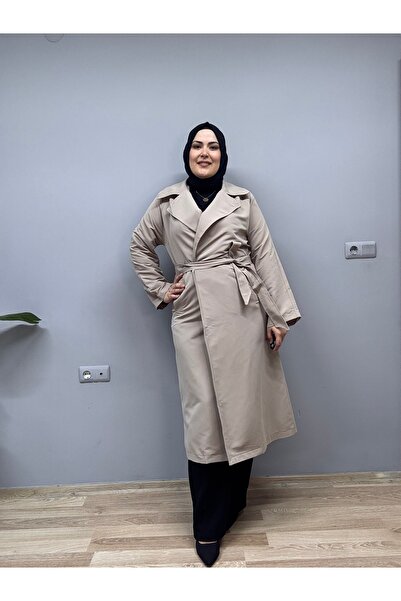 HENZA Kruvaze yaka bağlamalı vizon renkte oversize kuşaklı trençkot