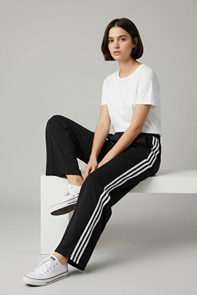 NEWCO بنطلون رياضي بني اللون ذو خصر عالٍ ومريح - مرن وأنيق للاستخدام اليومي مع تفاصيل شريطية جانبية