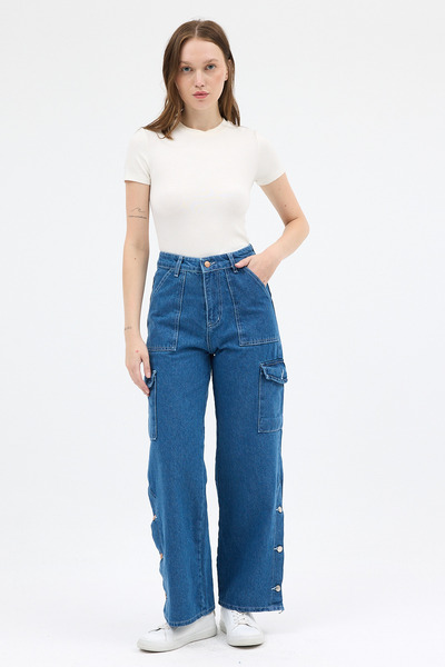 Rays Pantaloni cargo din denim cu talie înaltă, cu nasturi, pentru femei, alb...