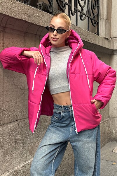 Keyifli Moda Dámský fuchsiový nepromokavý kabát s kapucí